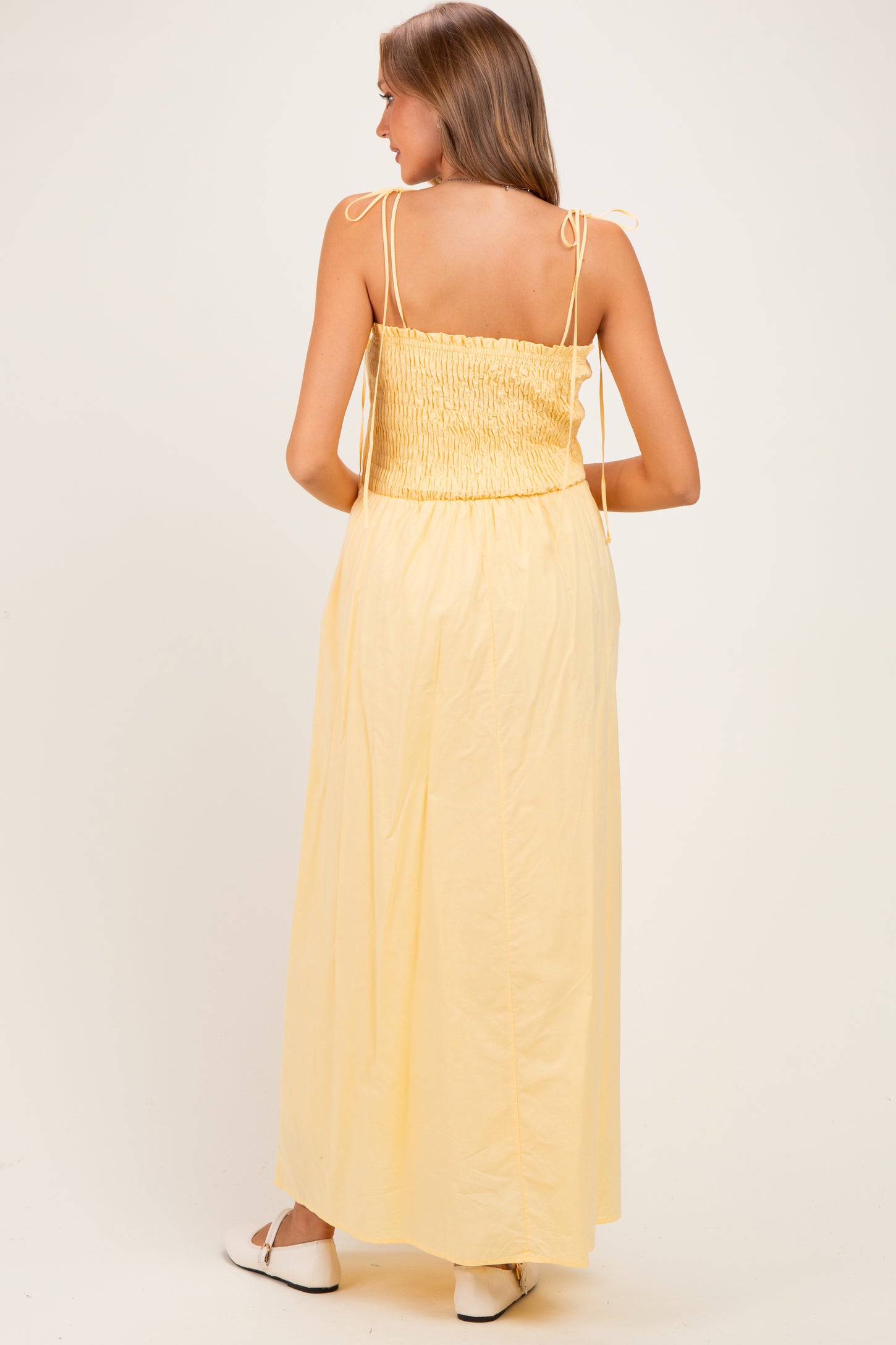 Yellow Smocked Shoulder Tie Maternity Maxi Dress