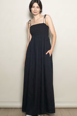 Black Smocked Shoulder Tie Maternity Maxi Dress