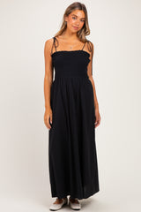 Black Smocked Shoulder Tie Maternity Maxi Dress