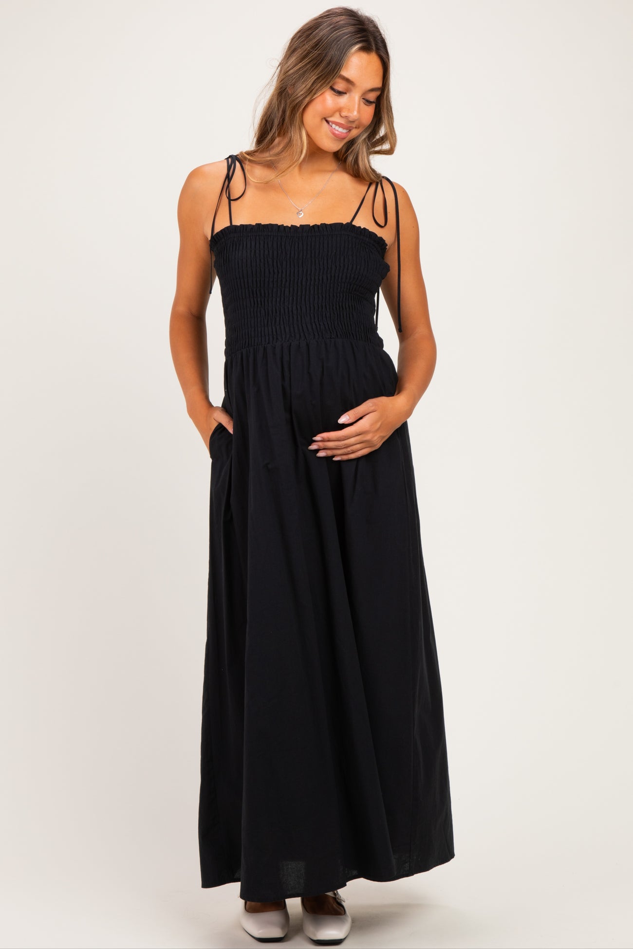 Black Smocked Shoulder Tie Maternity Maxi Dress
