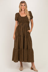 Camel Gingham Smocked Tiered Maxi Dress