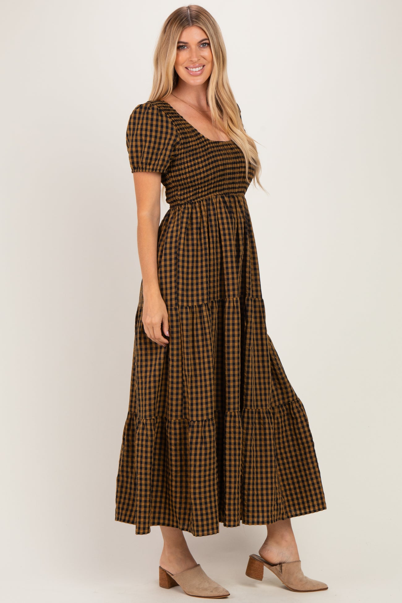 Camel Gingham Smocked Tiered Maxi Dress