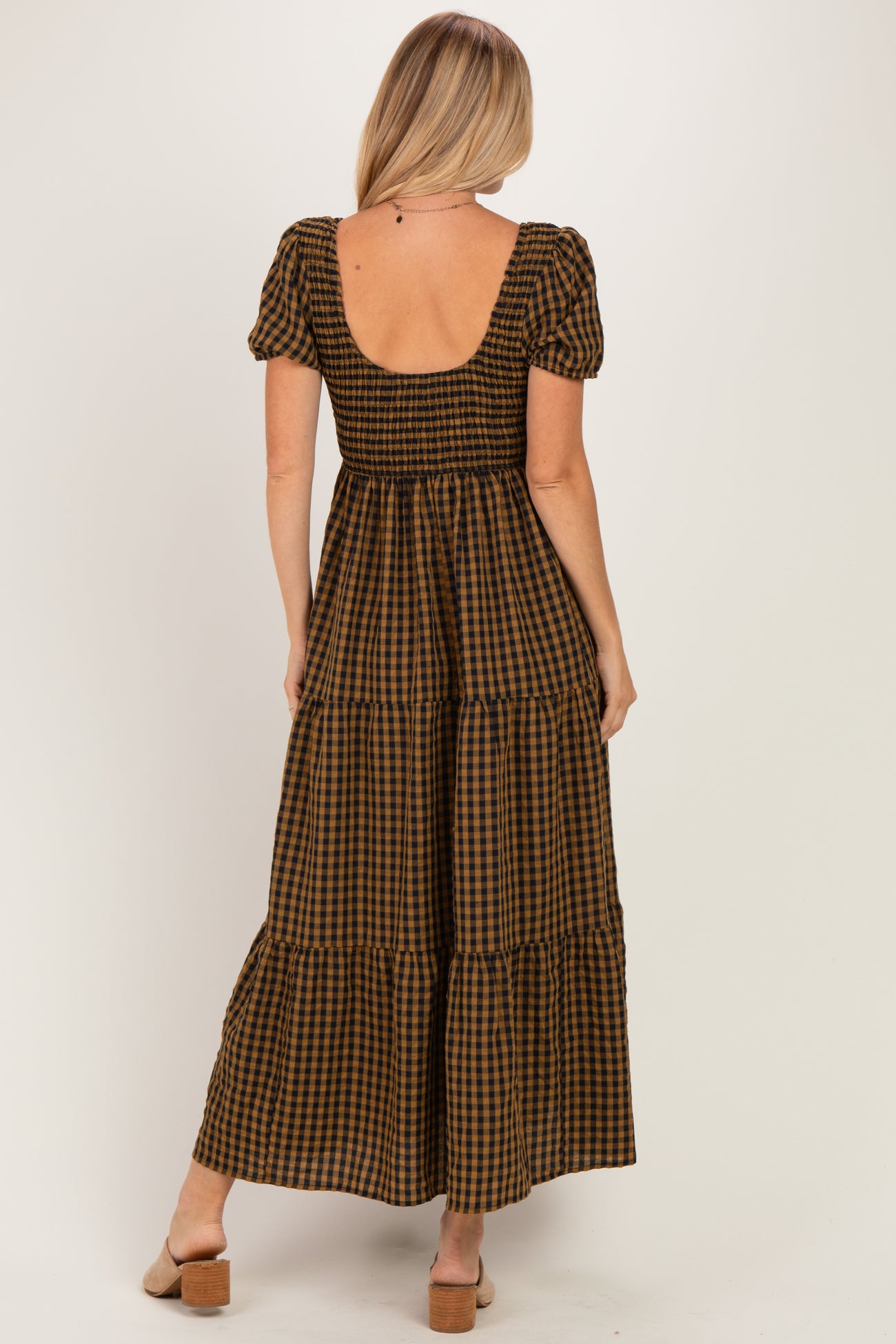 Camel Gingham Smocked Tiered Maxi Dress
