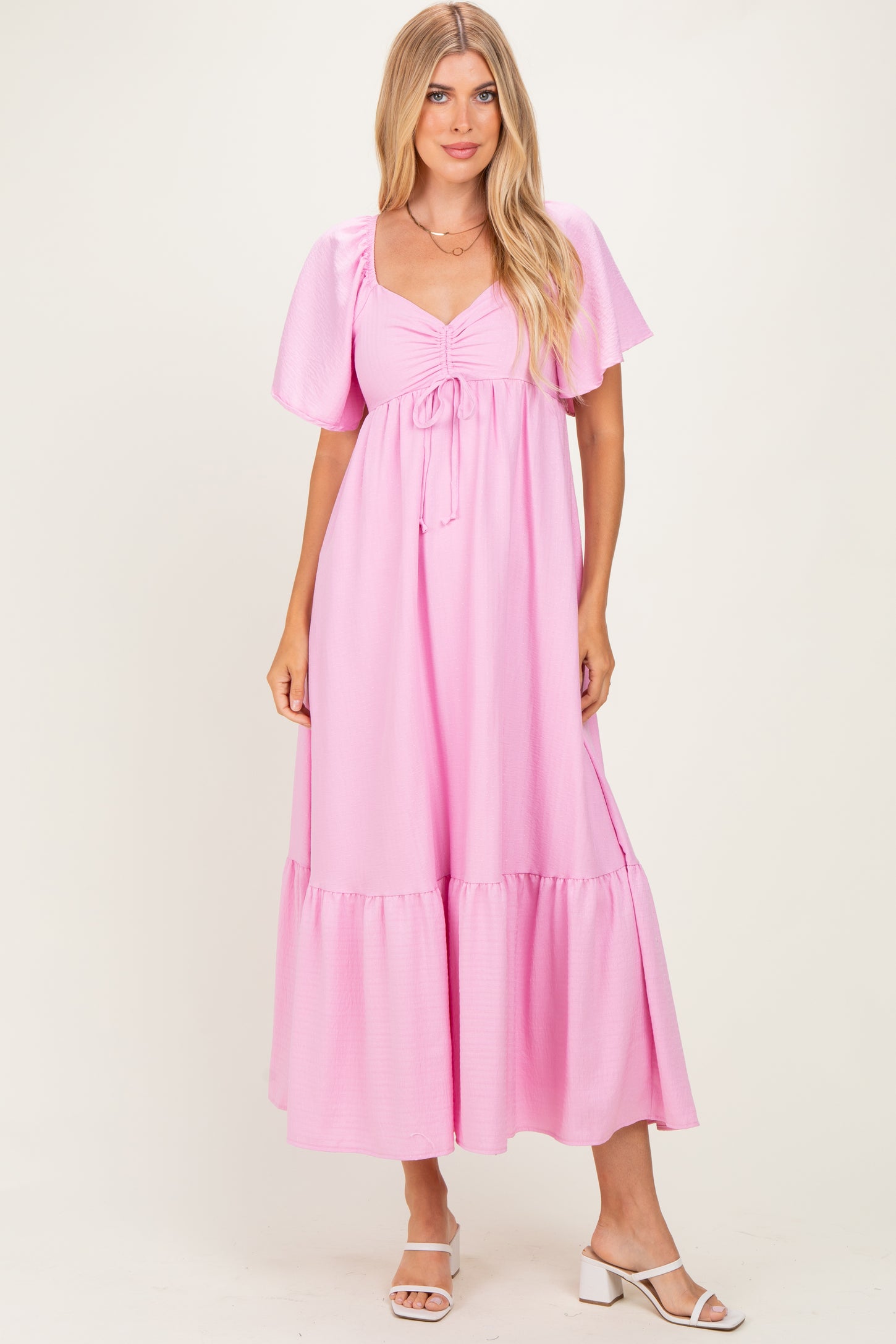 Pink Flutter Sleeve Ruffle Hem Maternity Maxi Dress