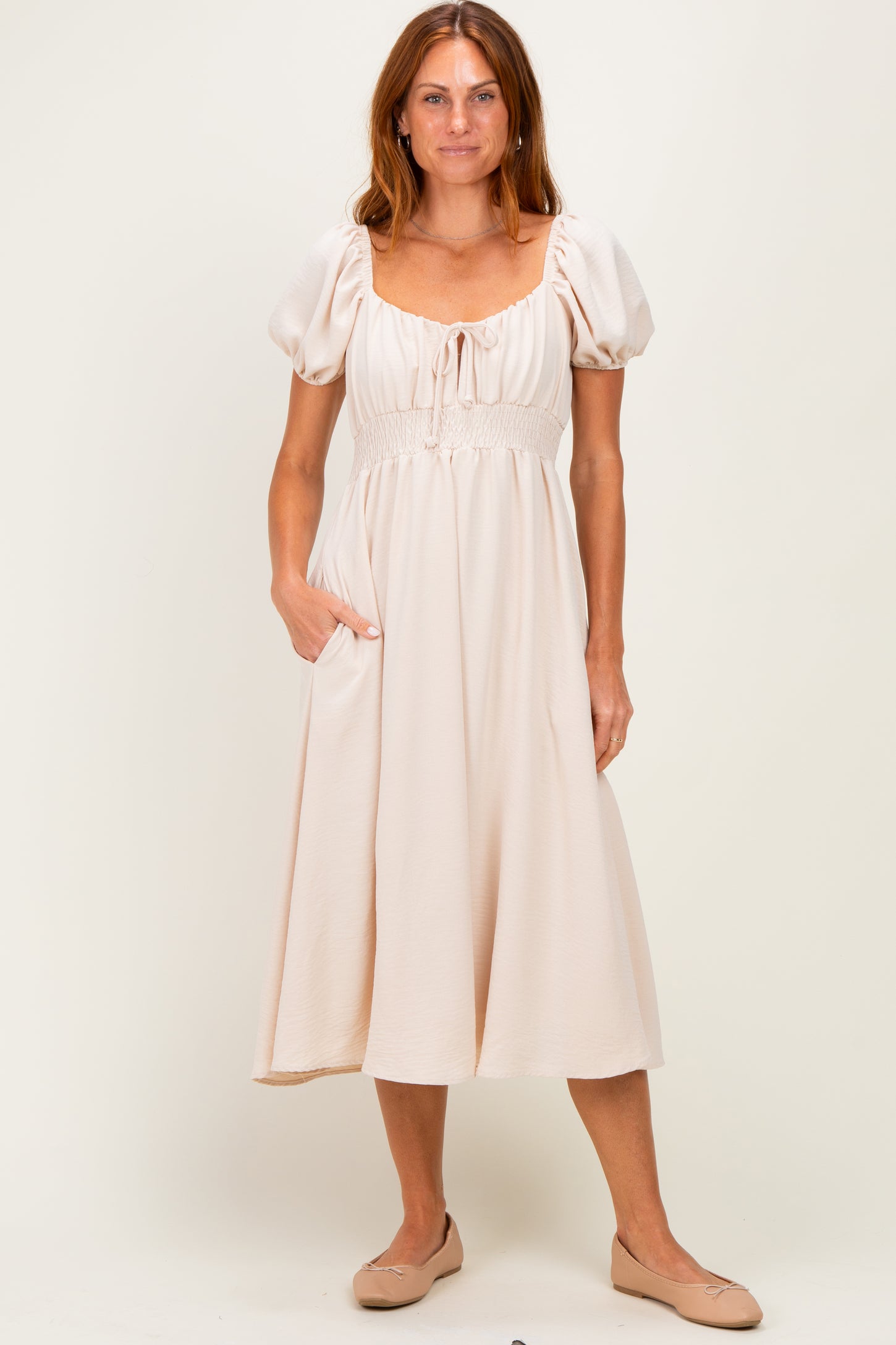 Beige Smocked Waist Short Sleeve Maternity Midi Dress