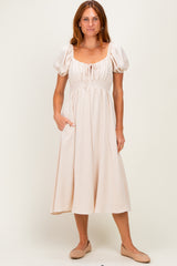 Beige Smocked Waist Short Sleeve Maternity Midi Dress
