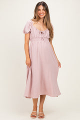 Light Pink Smocked Waist Short Sleeve Maternity Midi Dress