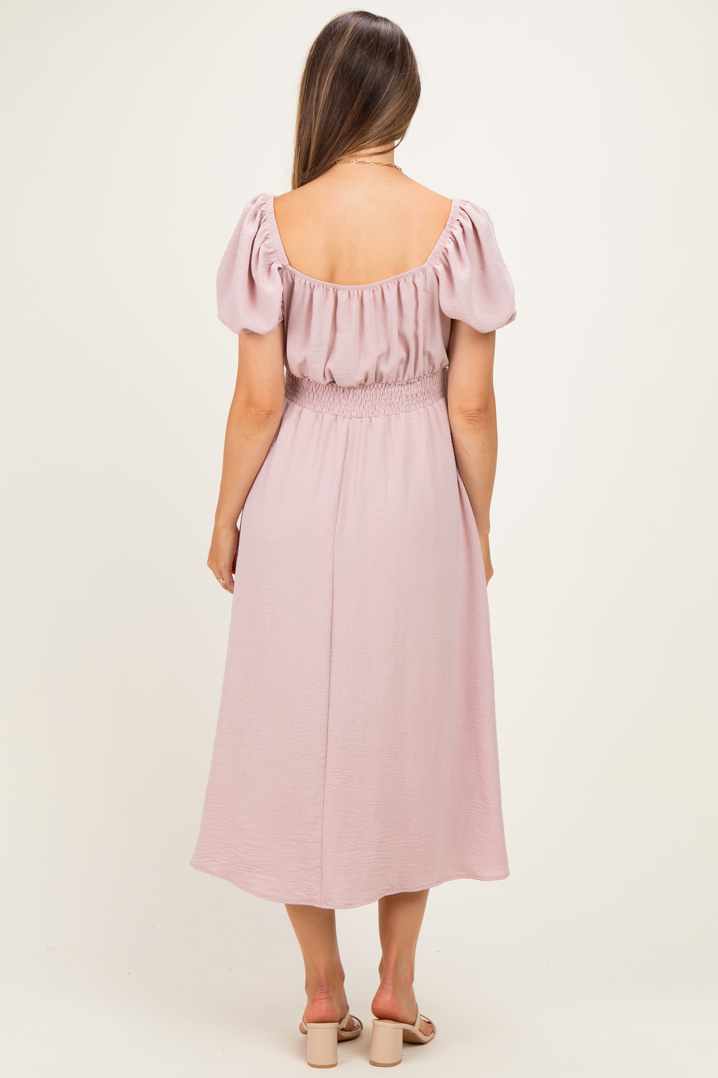 Light Pink Smocked Waist Short Sleeve Maternity Midi Dress