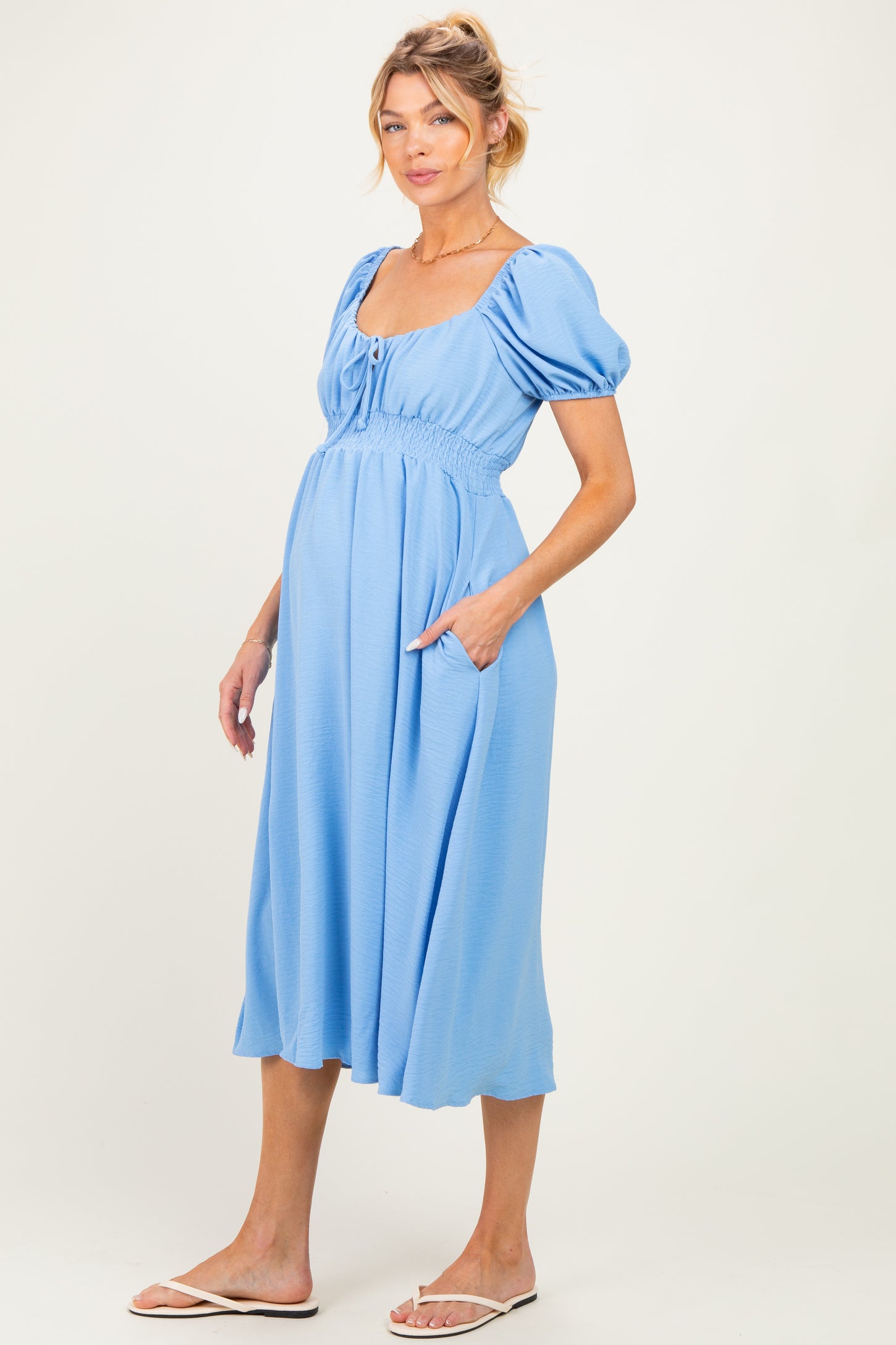 Light Blue Smocked Waist Short Sleeve Maternity Midi Dress