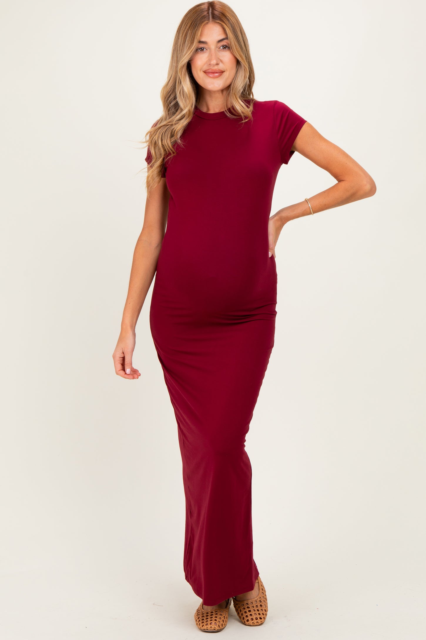 Burgundy Fitted Short Sleeve Maternity Maxi Dress