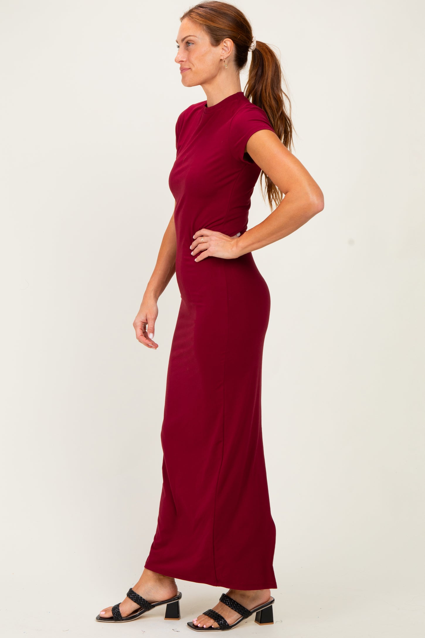 Burgundy Fitted Short Sleeve Maxi Dress