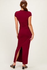Burgundy Fitted Short Sleeve Maxi Dress