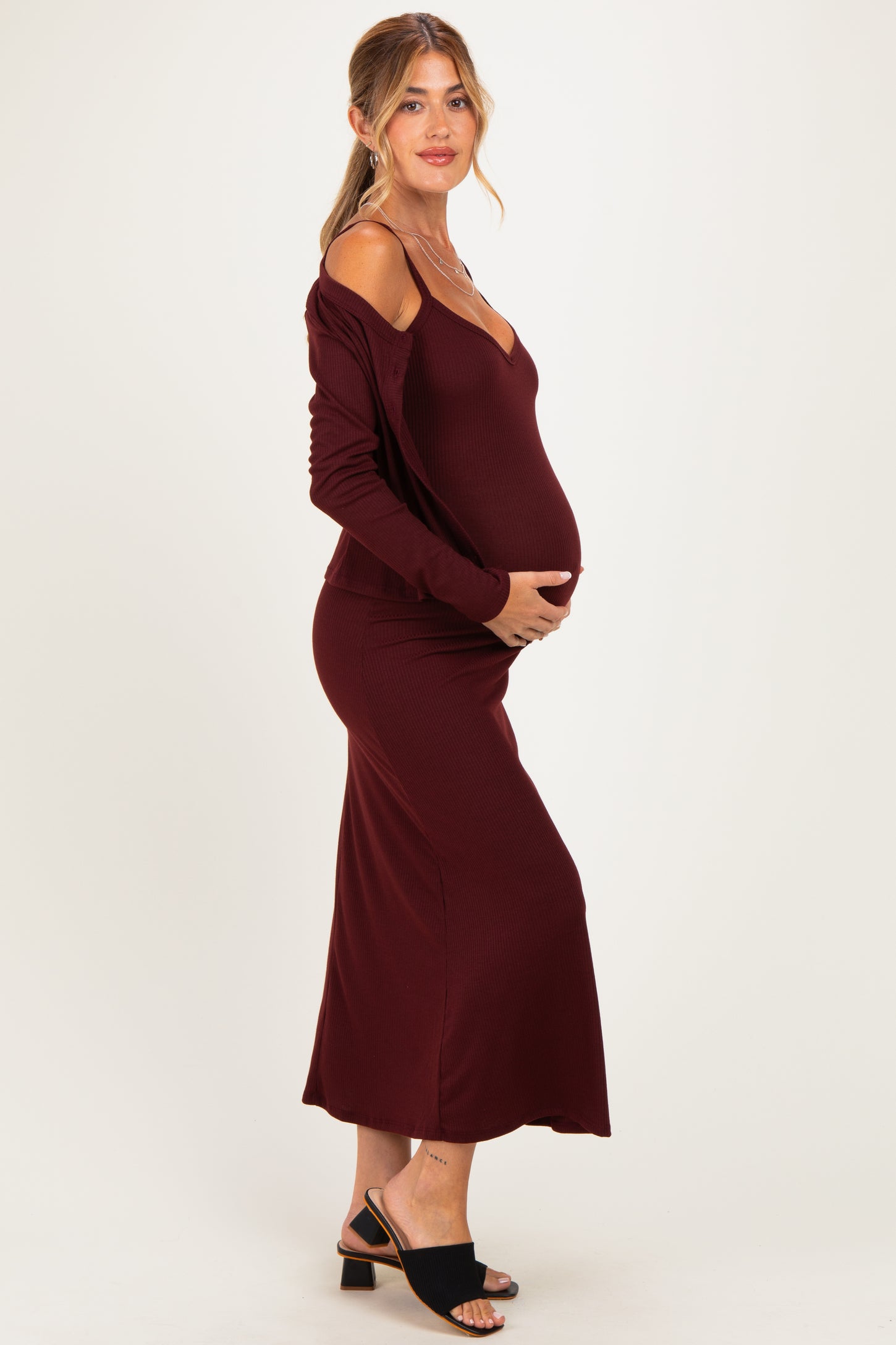 Burgundy Knit Dress Maternity Cardigan Set