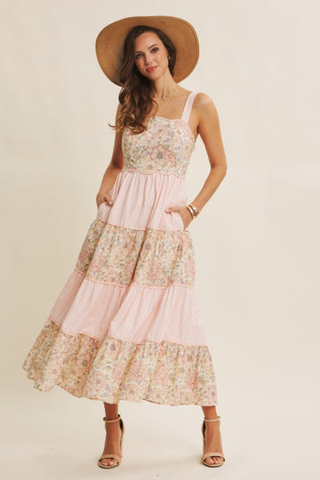 Peach Multi Floral Tiered Sleeveless Midi Dress