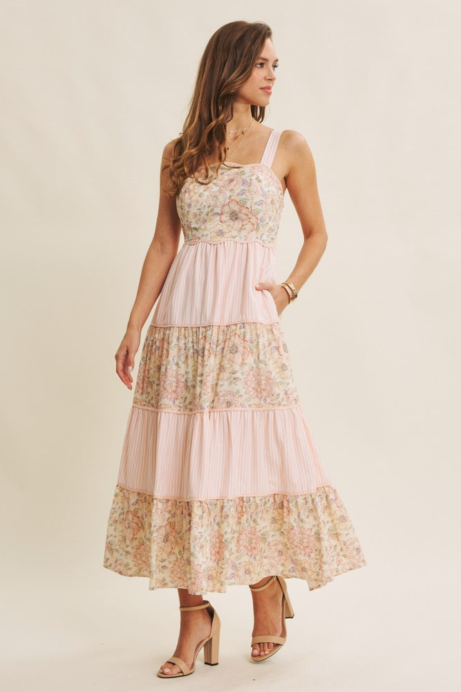 Peach Multi Floral Tiered Sleeveless Midi Dress