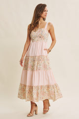 Peach Multi Floral Tiered Sleeveless Midi Dress