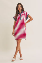 Burgundy/Cream Relaxed Fit Striped Polo Mini Dress