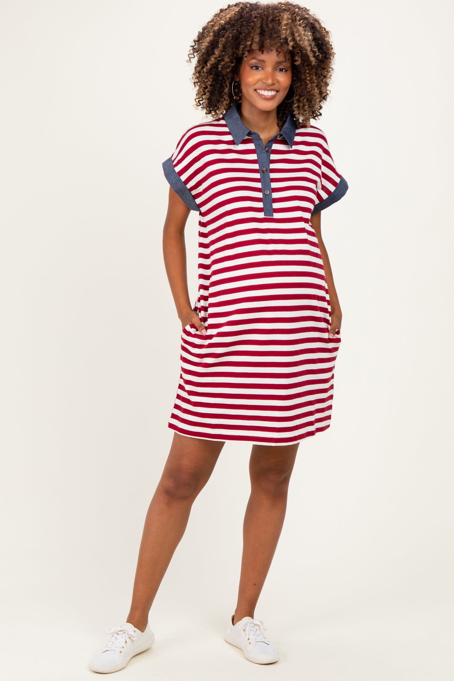 Burgundy/Cream Relaxed Fit Striped Polo Maternity Mini Dress