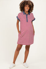 Burgundy/Cream Relaxed Fit Striped Polo Maternity Mini Dress
