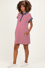 Burgundy/Cream Relaxed Fit Striped Polo Maternity Mini Dress