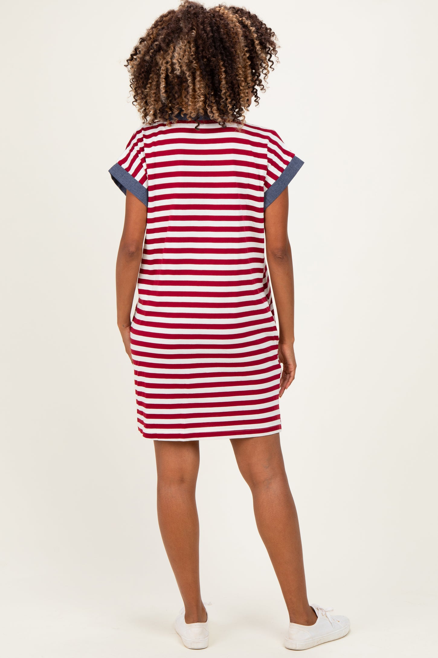 Burgundy/Cream Relaxed Fit Striped Polo Maternity Mini Dress
