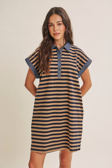 Navy/Mocha Relaxed Fit Striped Polo Mini Dress