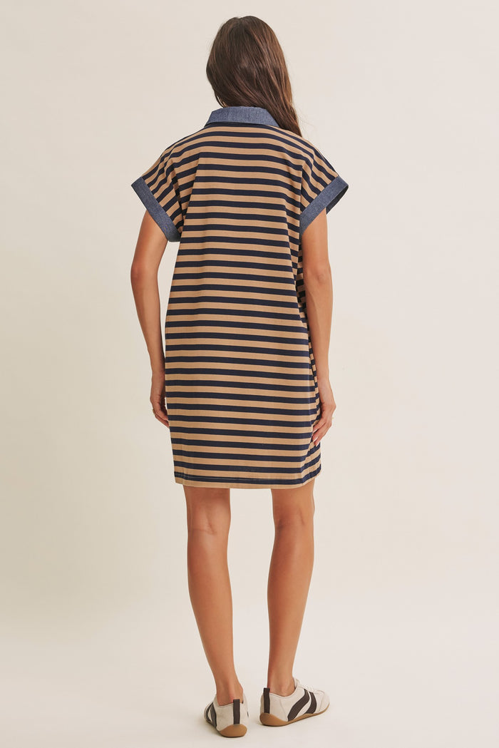 woman wearing a brown and navy striped short sleeve dress with a collar, shown from the back