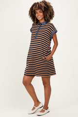 Navy/Mocha Relaxed Fit Striped Polo Maternity Mini Dress
