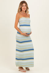 Blue Multi Striped Strapless Flare Maternity Maxi Dress