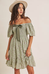 Sage Green Bow Smocked Bubble Sleeve Maternity Mini Dress
