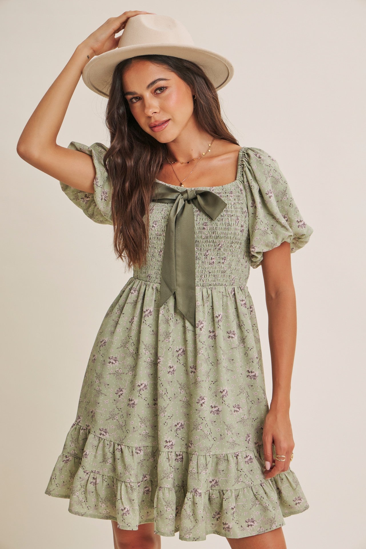 Sage Green Bow Smocked Bubble Sleeve Mini Dress