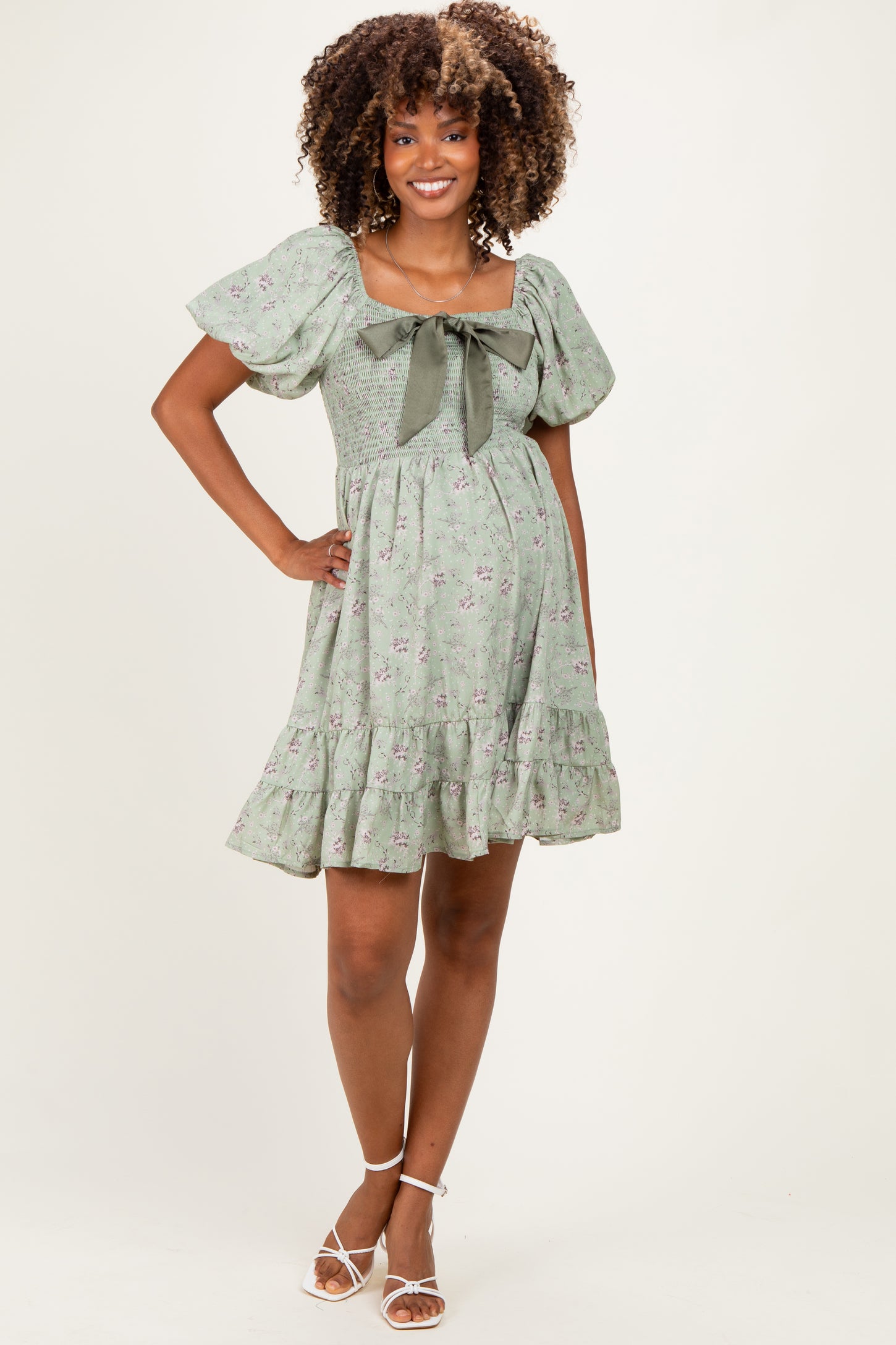 Sage Green Bow Smocked Bubble Sleeve Maternity Mini Dress