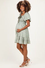 Sage Green Bow Smocked Bubble Sleeve Maternity Mini Dress