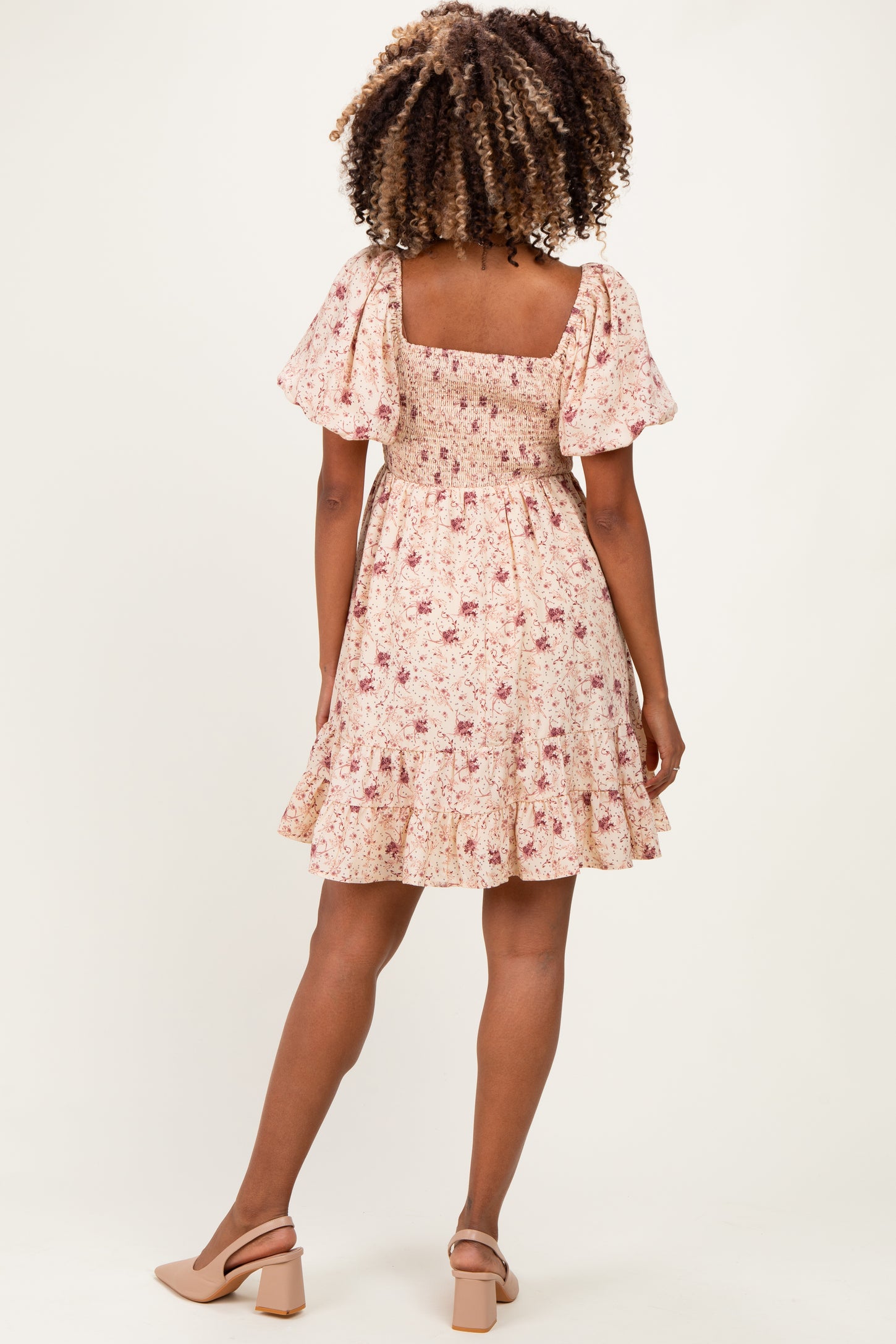Burgundy Bow Smocked Bubble Sleeve Maternity Mini Dress