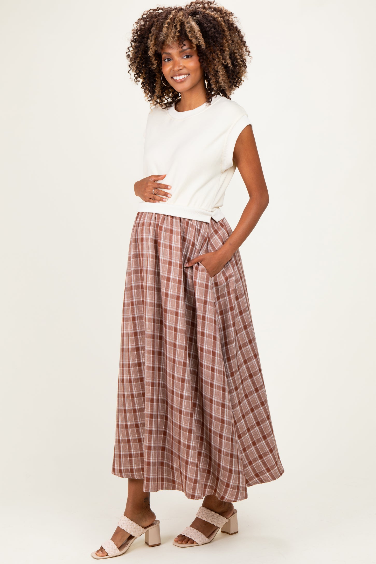 Cream/Mocha Plaid Cap Sleeve Maternity Midi Dress