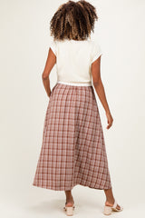Cream/Mocha Plaid Cap Sleeve Maternity Midi Dress