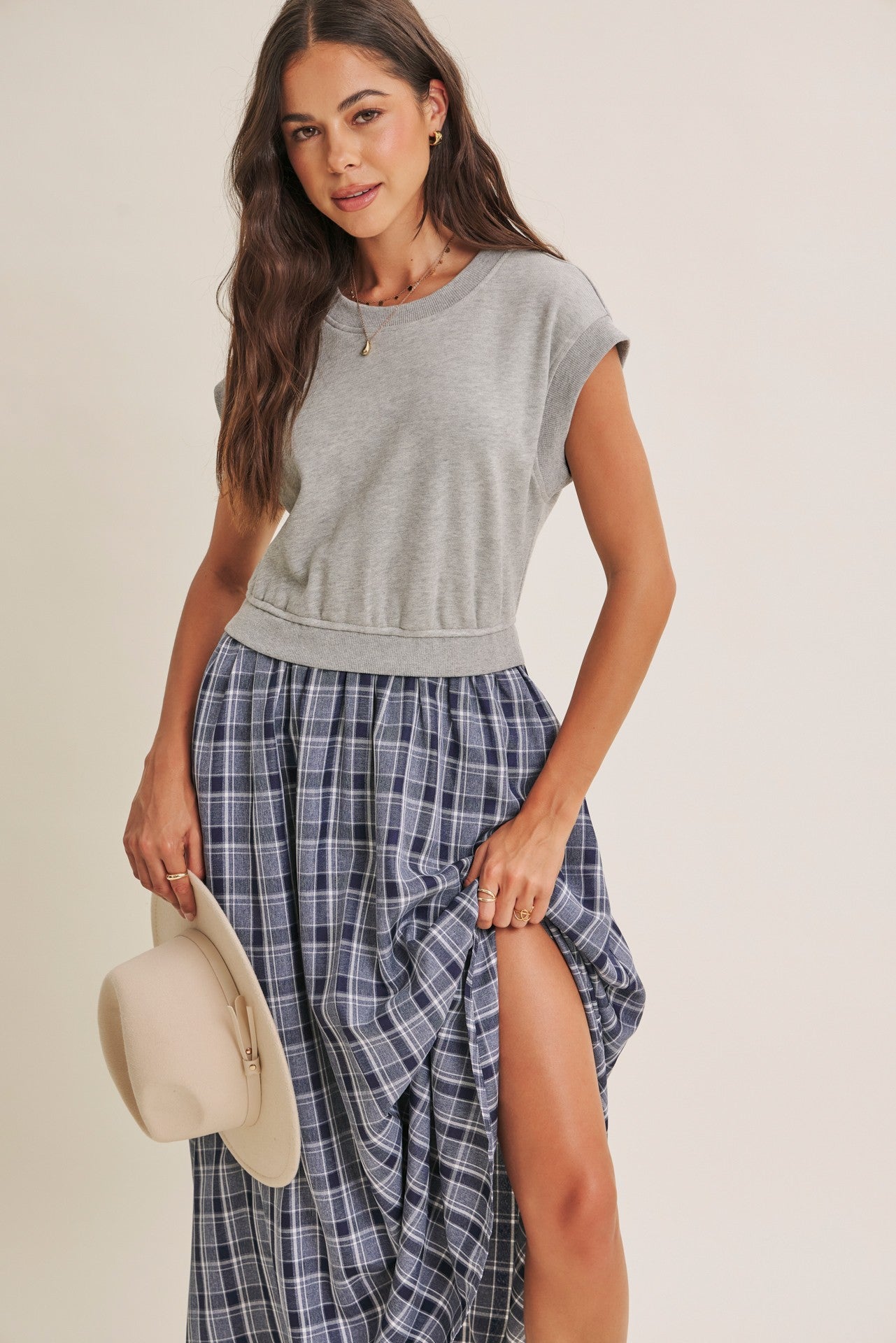 Heather Grey/ Navy Plaid Cap Sleeve Midi Dress