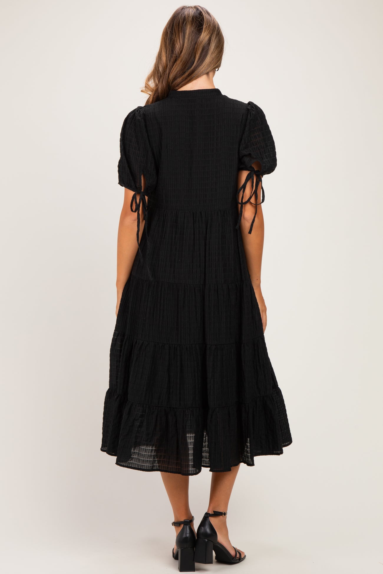 Black Drawstring Waist Tiered Maternity Midi Dress