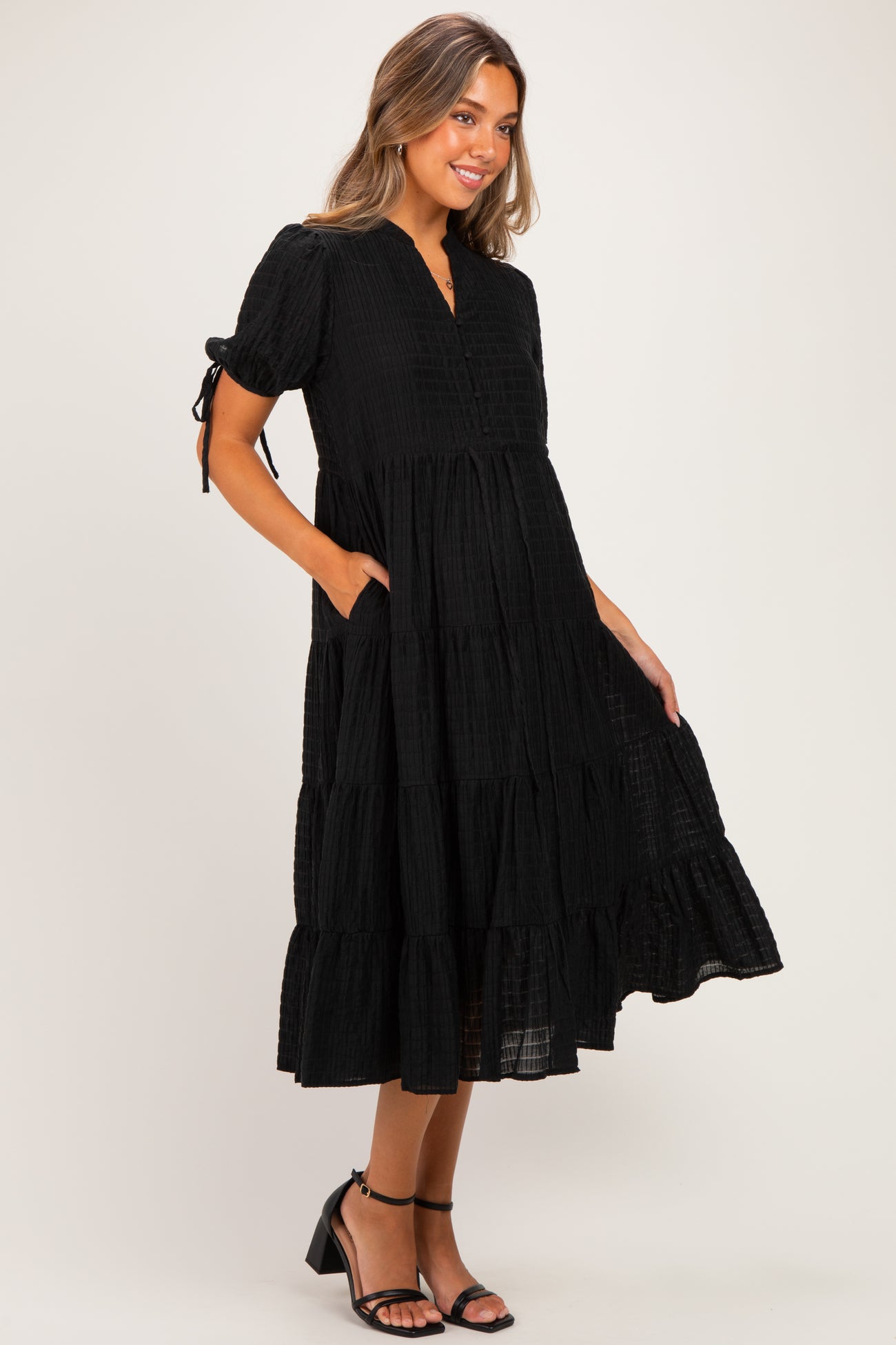 Black Drawstring Waist Tiered Maternity Midi Dress