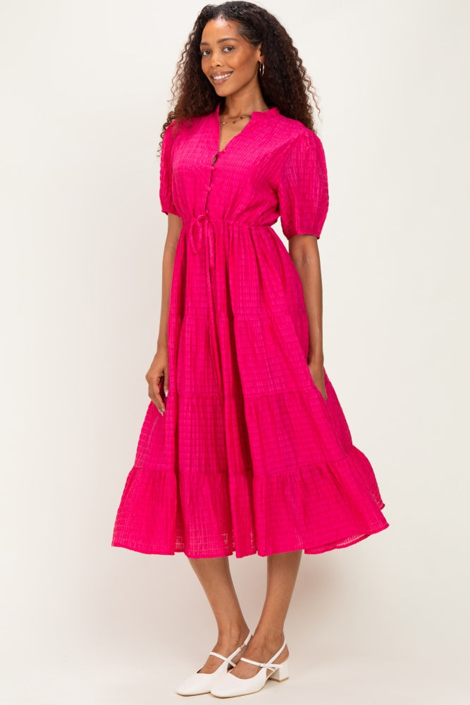 Fuchsia Drawstring Waist Tiered Midi Dress