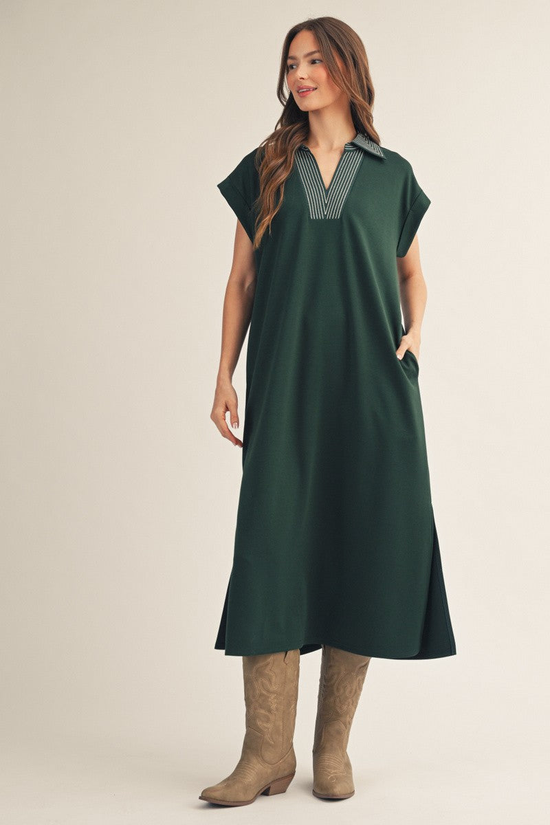 Hunter Green Striped Collared Side Slit Maternity Midi Dress