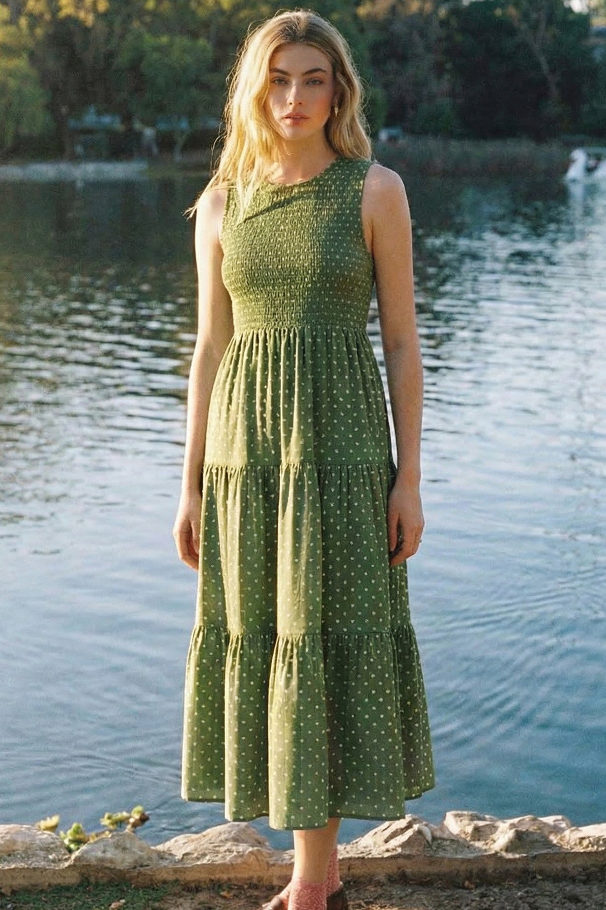 Olive Polka Dot Smocked Tiered Maxi Dress