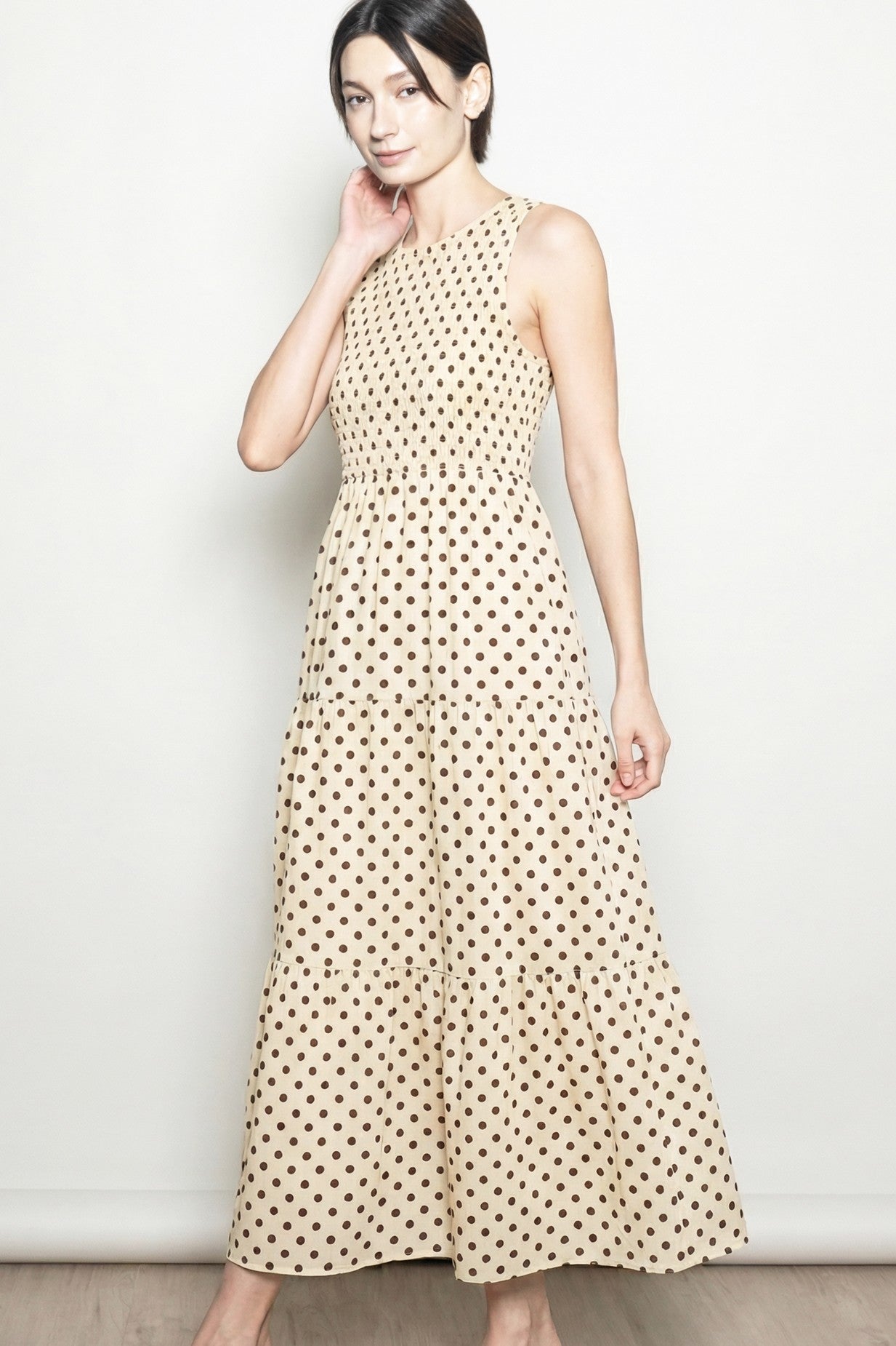 Cream Polka Dot Smocked Tiered Maxi Dress