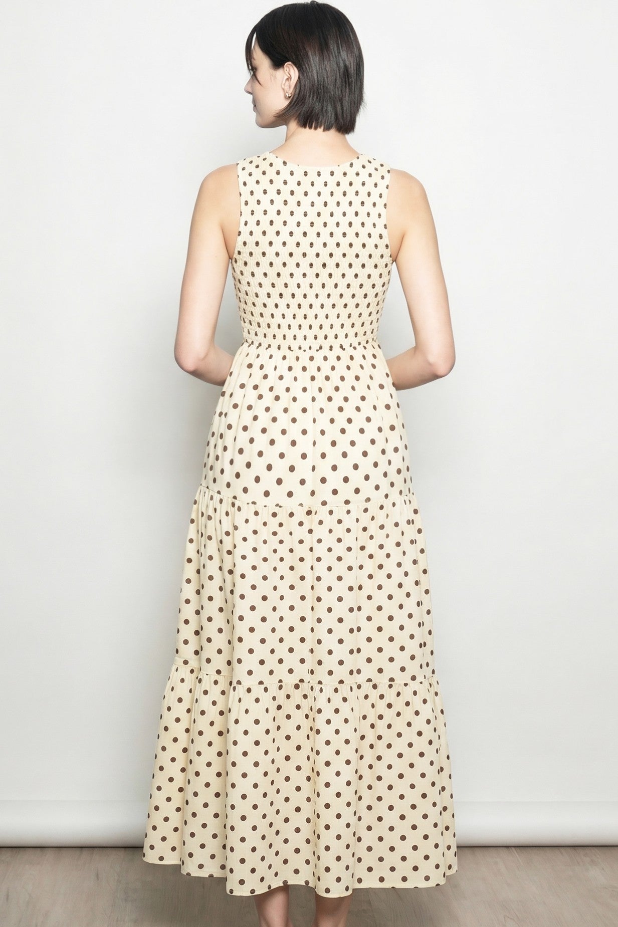 Cream Polka Dot Smocked Tiered Maxi Dress
