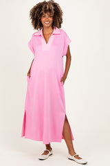 Pink Striped Collared Side Slit Maternity Midi Dress