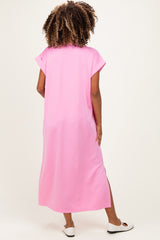 Pink Striped Collared Side Slit Maternity Midi Dress