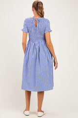 Blue Smocked Gingham Maternity Midi Dress
