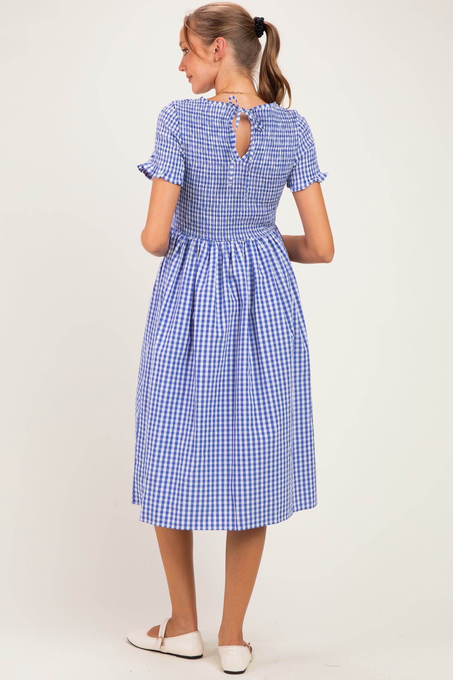 Blue Smocked Gingham Maternity Midi Dress
