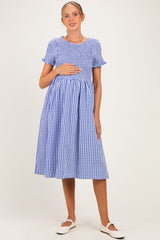 Blue Smocked Gingham Maternity Midi Dress