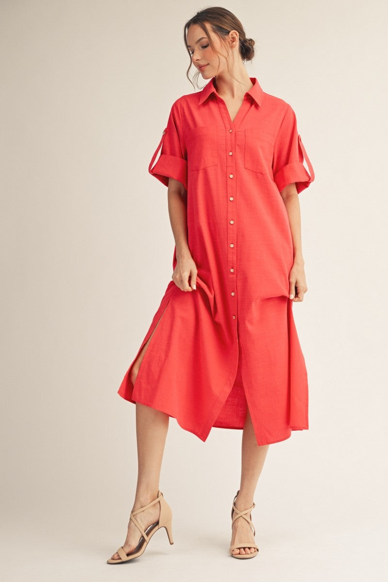 Red Side Slit Button Down Midi Dress